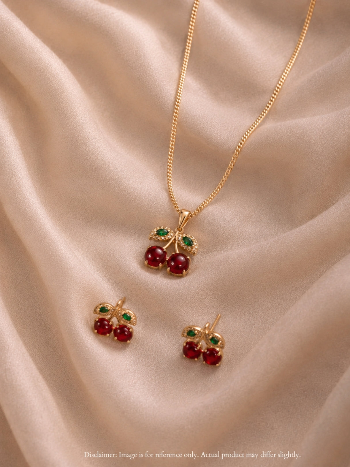Cherry Moonstone CZ Gold Jewelry Set | Anti Tarnish Necklace & Earrings
