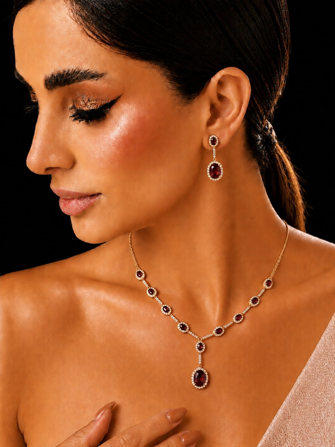 Maroon Classic Drop Necklace Set | 18K Gold CZ Jewelry Se