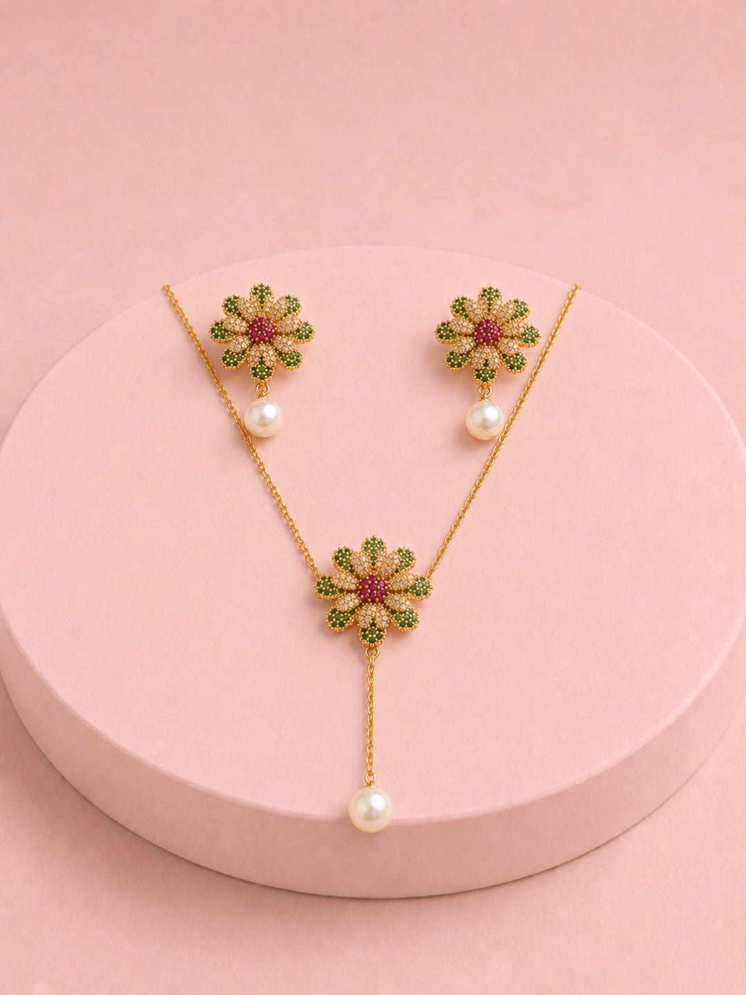 Green Ruby & Pearl Floral CZ Necklace Set | 18K Gold Plated Jewelry