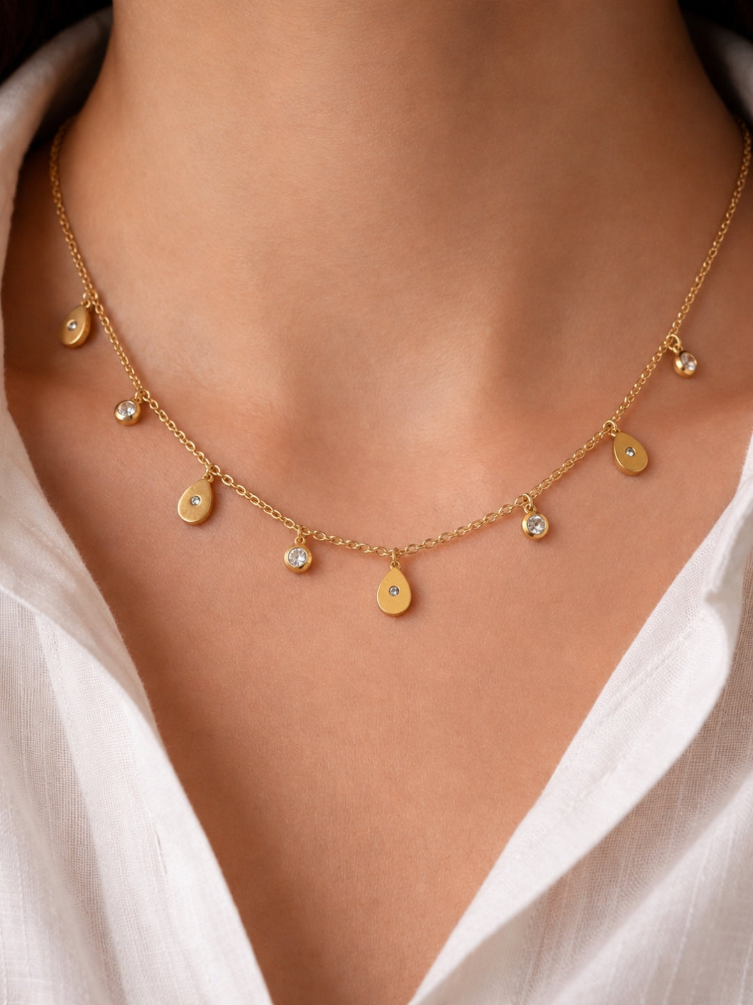18K Gold CZ Teardrop Charm Necklace | Anti Tarnish Layering Chain