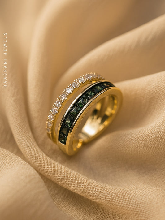 Emerald & White Dual-Line Adjustable Ring | 18K Gold Plated