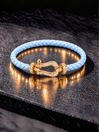 Sky Blue Studded Braided Leather Gold Magnetic Bracelet -18KT Gold Plated