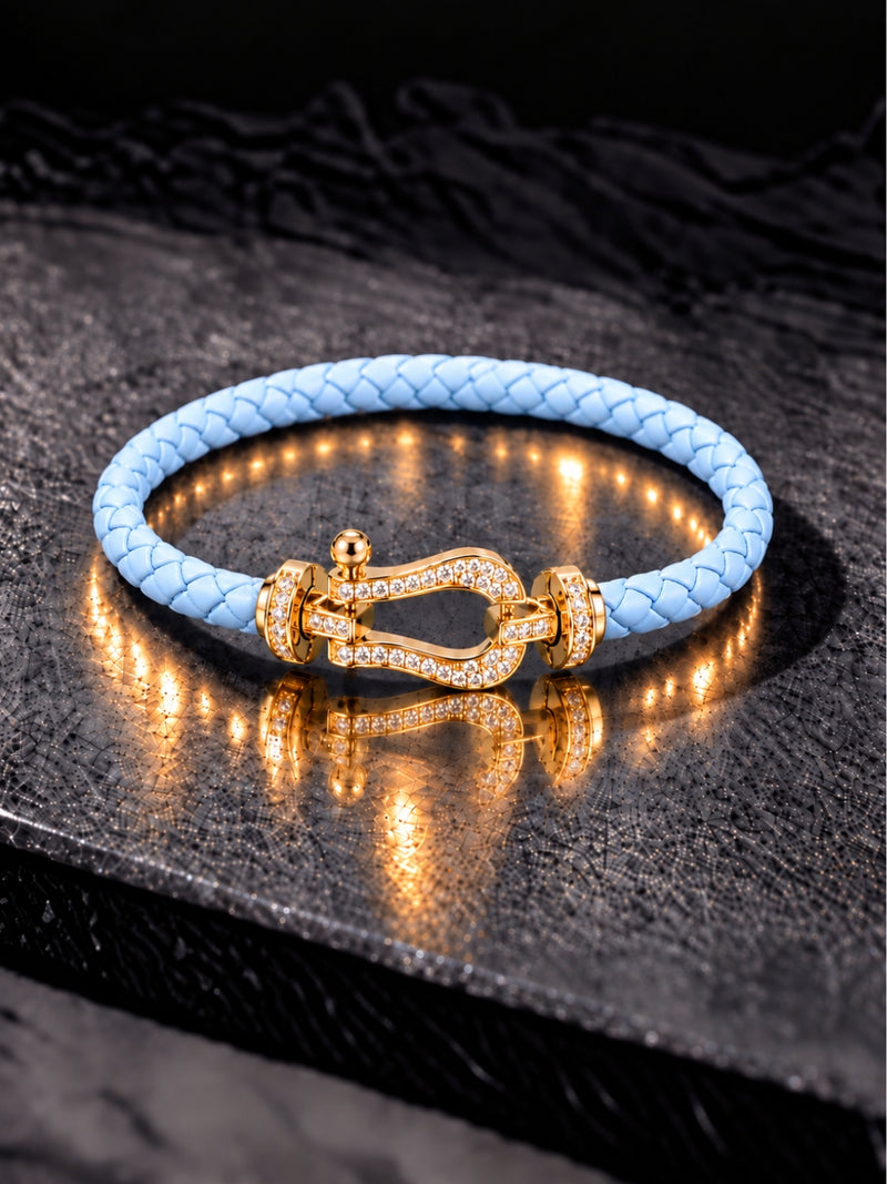 Sky Blue Studded Braided Leather Gold Magnetic Bracelet -18KT Gold Plated