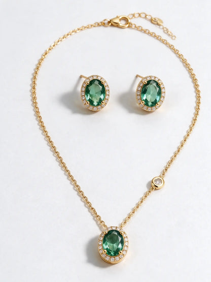 Pino Green Oval Halo Necklace & Earring Set, 18K Gold-Plated