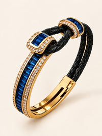 Navy Studded leather Band Cuff  - 18KT Gold Plated