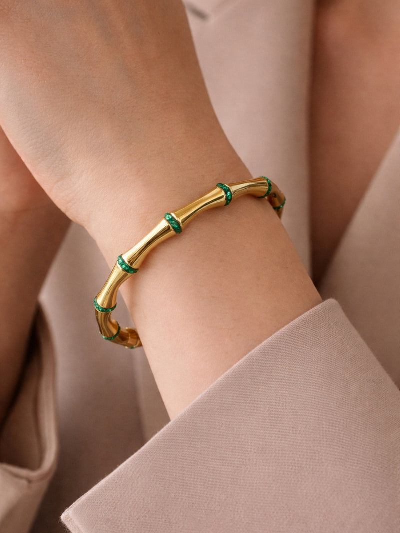 Emerald CZ Bamboo Cuff Bracelet in 18K Gold Plated Stainless Steel