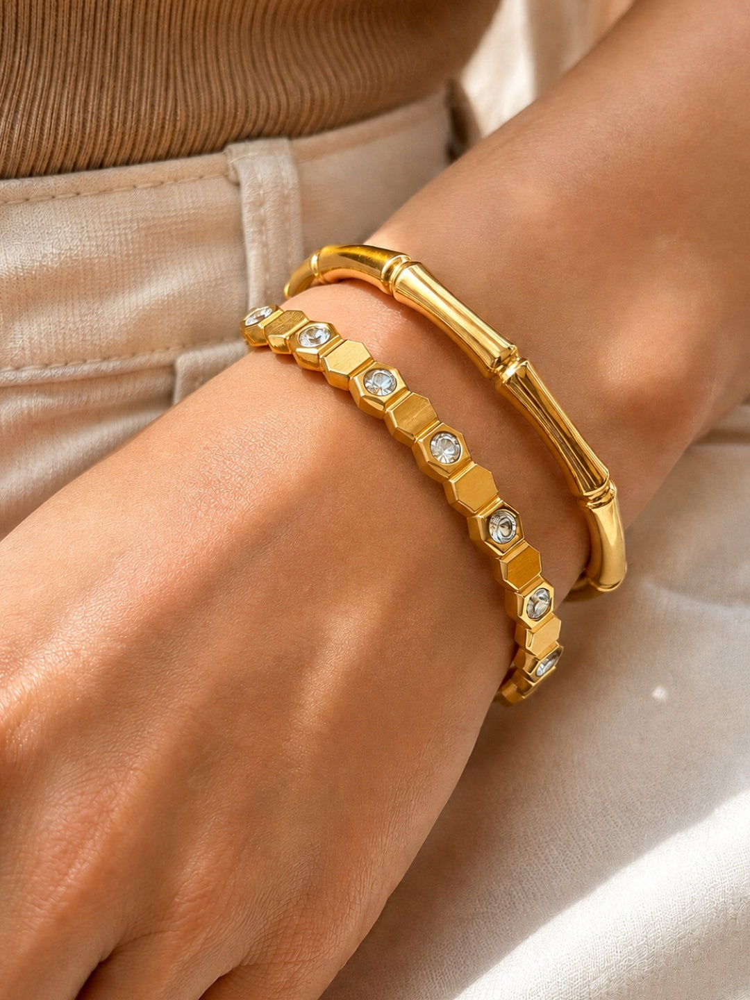 Bamboo Bangle & Hex Crystal Bracelet Duo – 18kt Gold Plated Stainless Steel Combo Set