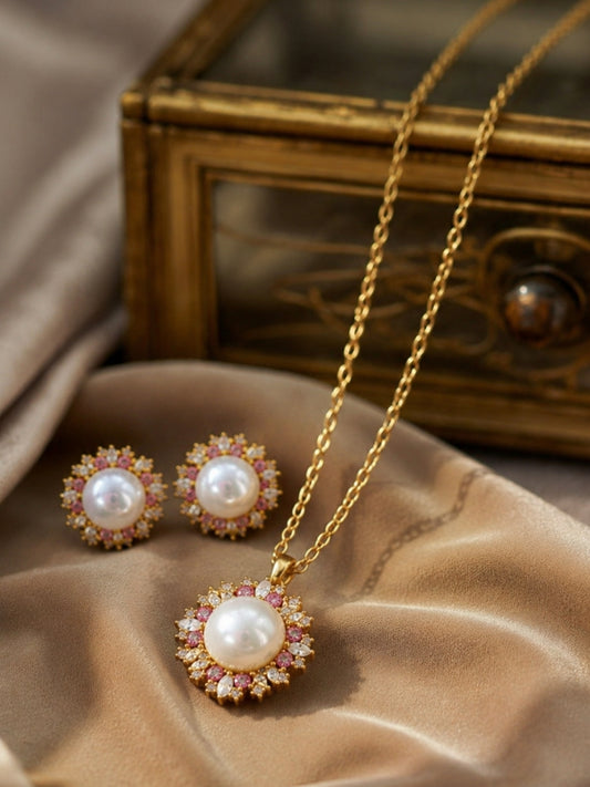 Corolla Pearl Sunburst Necklace & Earring Set, 18K Gold-Plated
