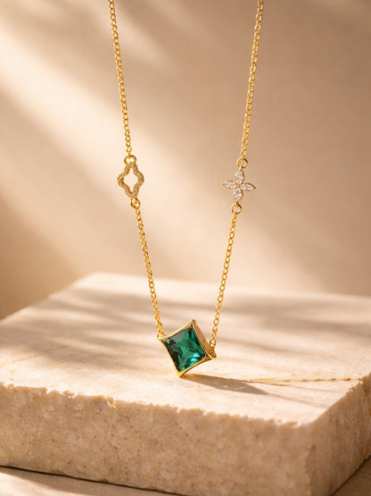 Green Quad Emerald CZ Gold Neckpiece | Anti-Tarnish Everyday Chain