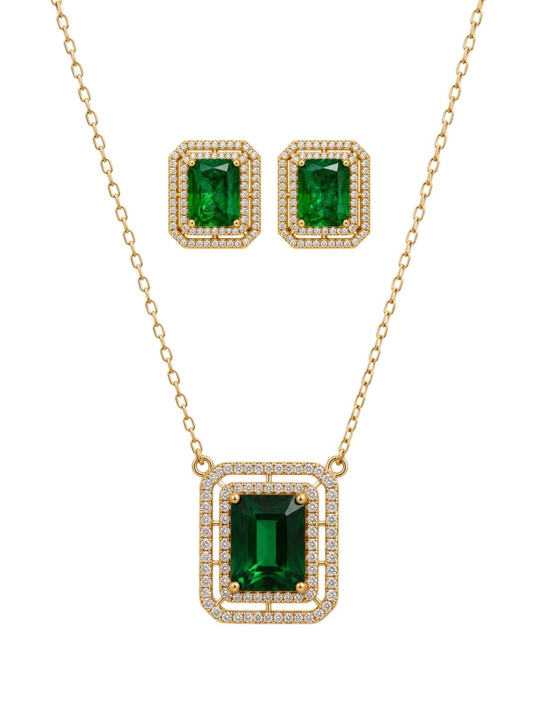 Giada Green Double Halo Necklace & Earring Set, 18K Gold-Plated
