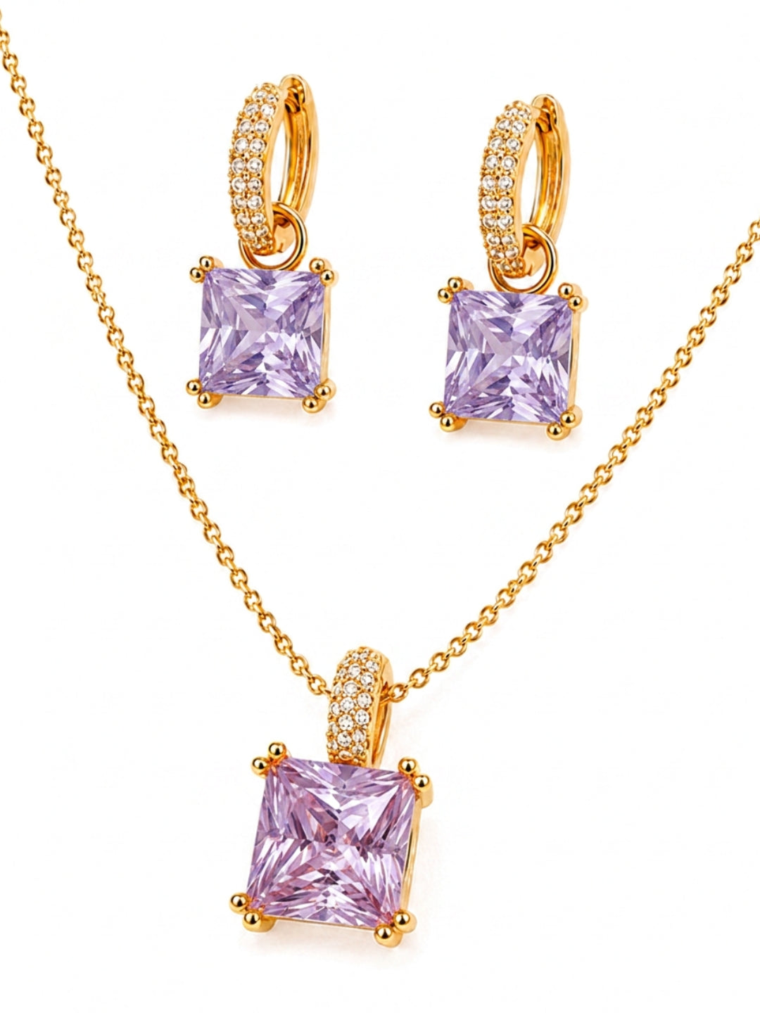 Lavender Square-Cut Pendant Necklace & Huggie Earring Set