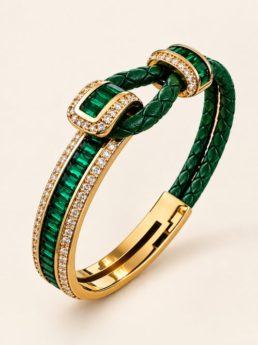 Emerald Studded Leather Band Cuff - 18KT Gold Plated