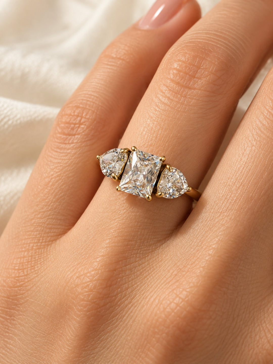 Rectangle & Heart Three-Stone Ring | 18K Gold-Plated Stainless Steel