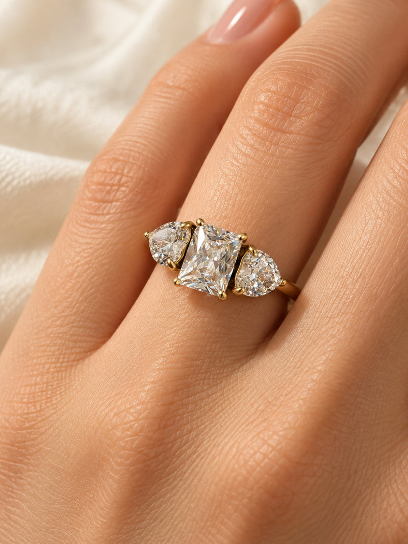 Rectangle & Heart Three-Stone Ring | 18K Gold-Plated Stainless Steel