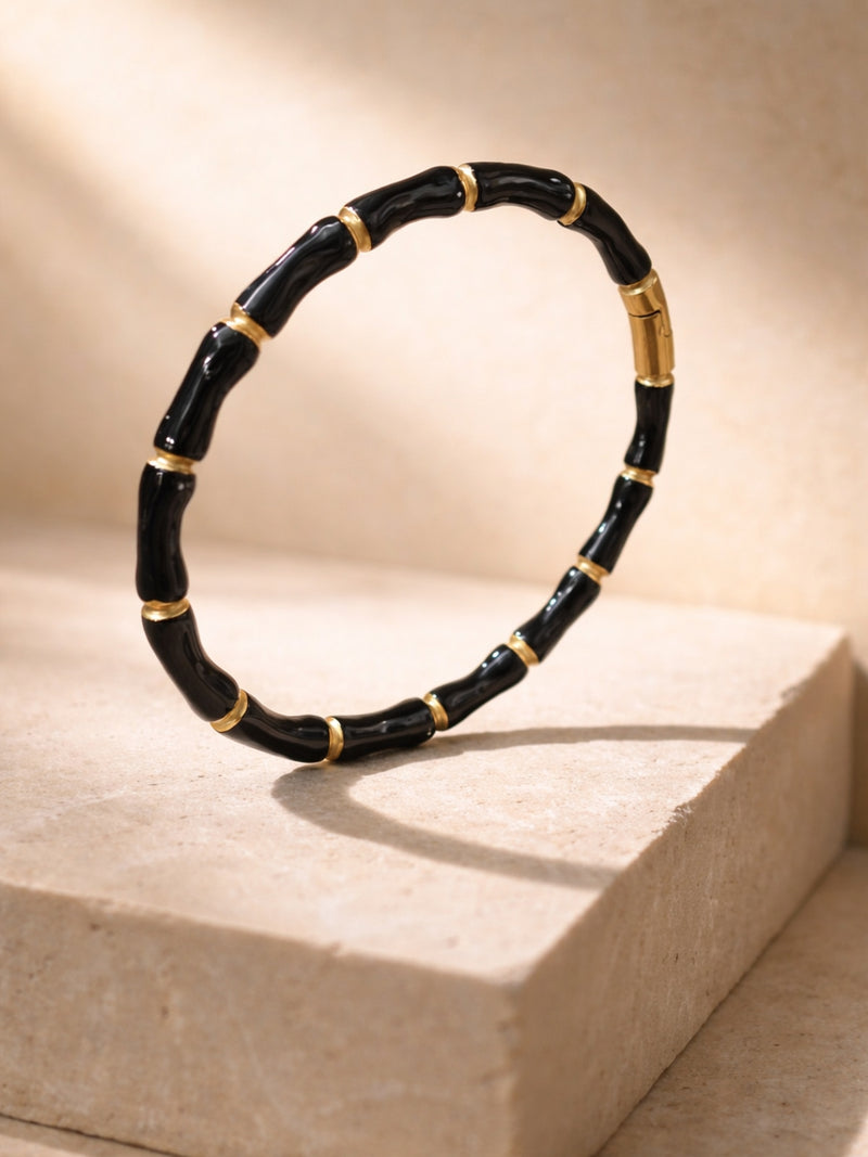 Black Enamel Bamboo Gold Bracelet – Anti Tarnish CZ Cuff