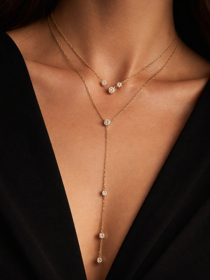 Double Layer Solitaire Beaded Drop Gold Neckpiece
