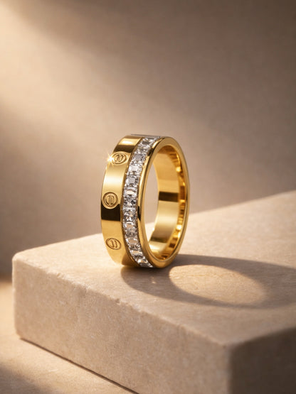 Luxe Studded Gold Band Ring with Cubic Zirconia | Anti-Tarnish
