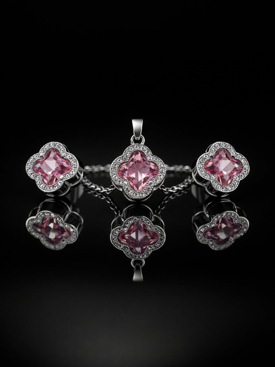 CL Pink Clover CZ Necklace & Earrings Set – Rhodium Plated Steel