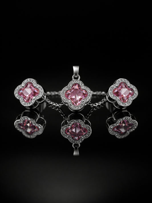 CL Pink Clover CZ Necklace & Earrings Set – Rhodium Plated Steel