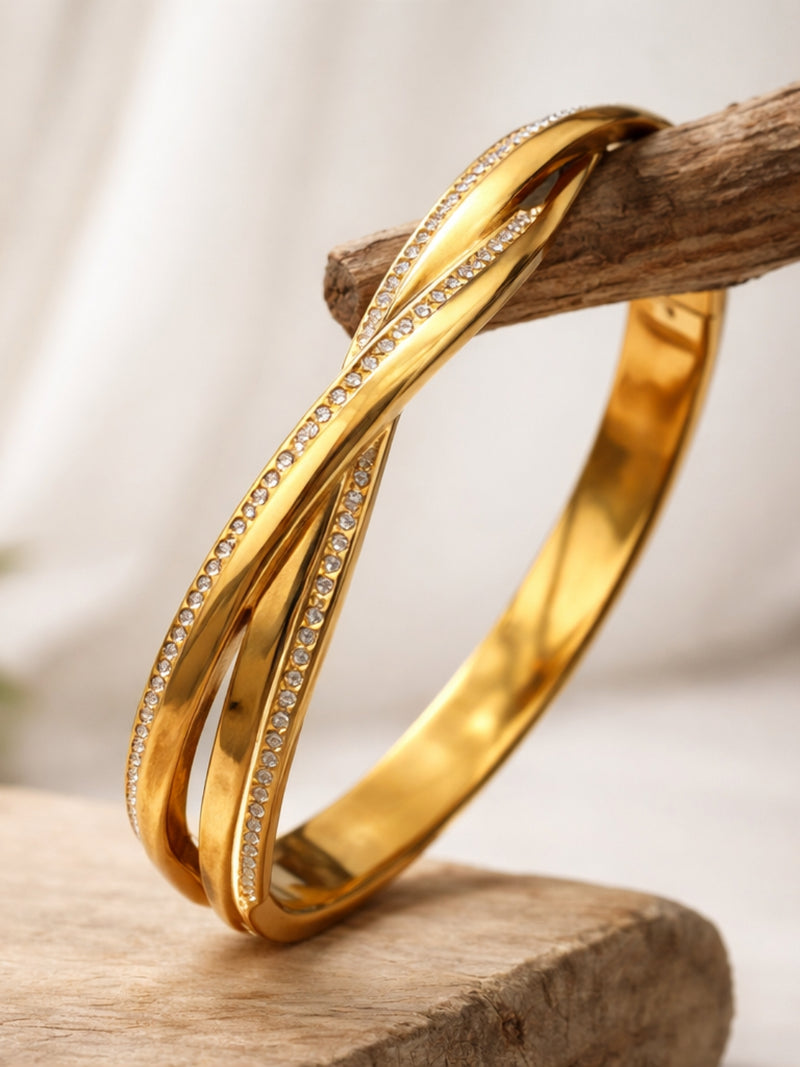18K Gold Plated CZ Cross Bangle Bracelet | Anti Tarnish Steel