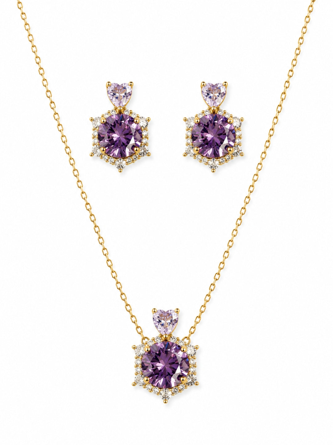 Ametista Crystal Halo Necklace & Earring Set, 18K Gold-Plated