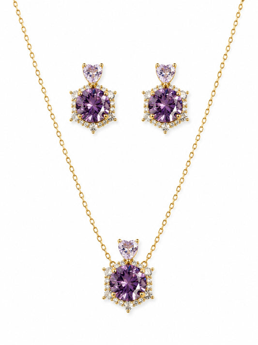 Ametista Crystal Halo Necklace & Earring Set, 18K Gold-Plated