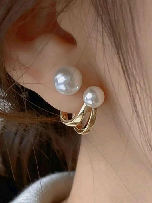 Gold Pearl Hugging Stud Earrings – Elegant Double Pearl Hoops