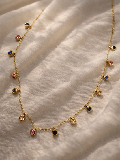 Multicolor Gold Round Stone Charm Neckpiece | Anti-Tarnish Jewelry