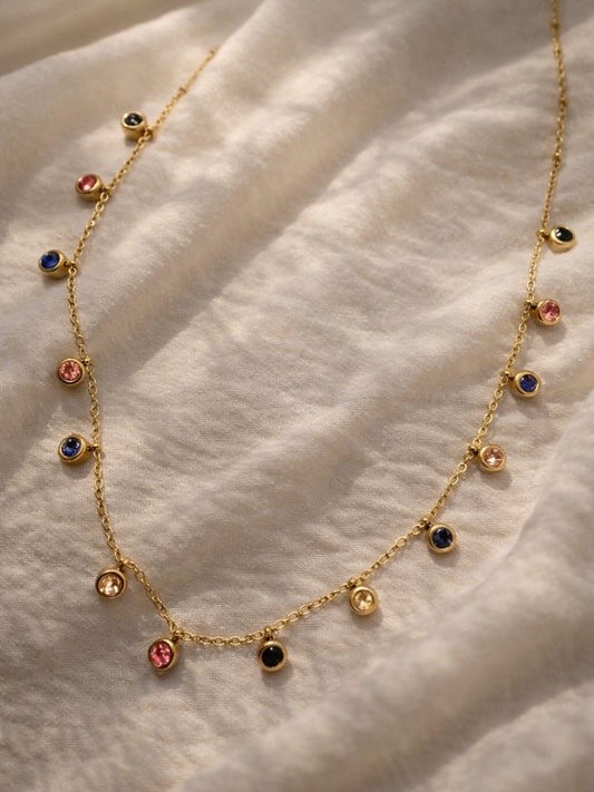 Multicolor Gold Round Stone Charm Neckpiece | Anti-Tarnish Jewelry