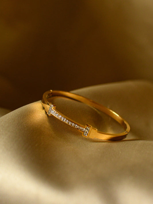 T-Bar Studded Gold Bracelet – Elegant Minimalist Bangle for Everyday Luxe