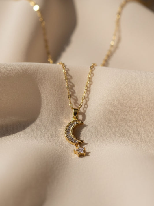 Anti-Tarnish Moon & Star Pendant Chain | 18K Gold CZ Jewelry