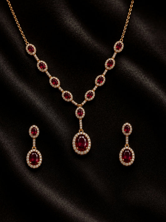 Melagrana Maroon Halo Necklace & Earring Set, 18K Gold-Plated