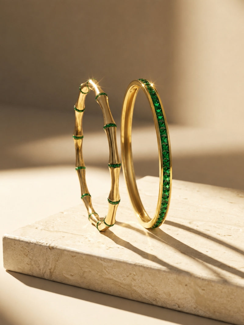 Emerald Bamboo Bracelet Stack - Set of 2
