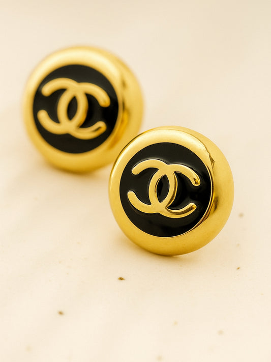 Brand Inspired Black & Gold Enamel Stud Earrings – 18K Gold Plated