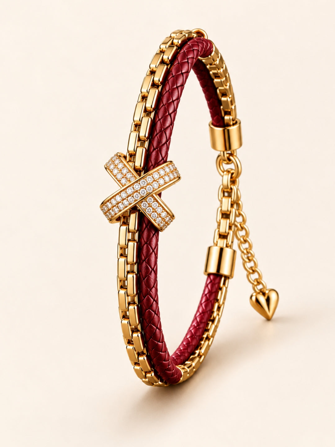 Dark Red Braided Double line Knot Band Cuff - 18KT Gold Plated