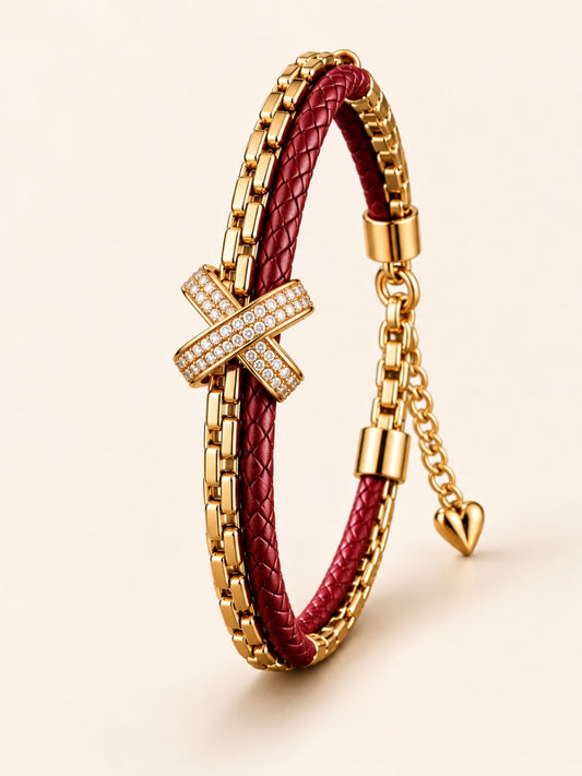 Dark Red Braided Double line Knot Band Cuff - 18KT Gold Plated
