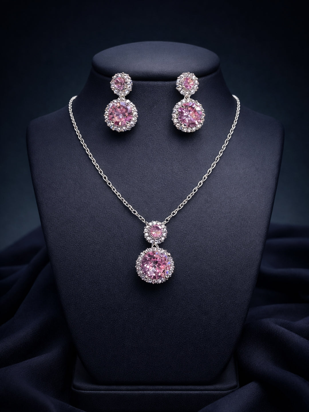 CL Pink Drop Jewelry Set | Rhodium CZ Necklace & Earrings
