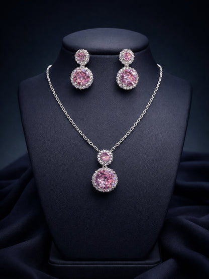 CL Pink Drop Jewelry Set | Rhodium CZ Necklace & Earrings