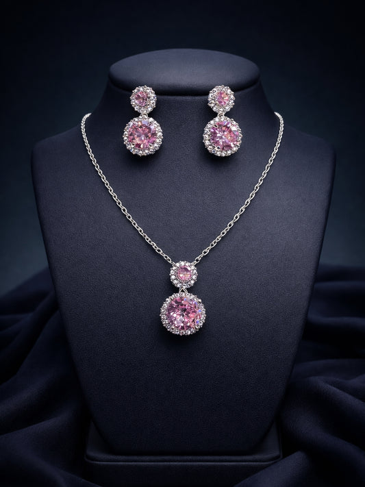 CL Pink Drop Jewelry Set | Rhodium CZ Necklace & Earrings