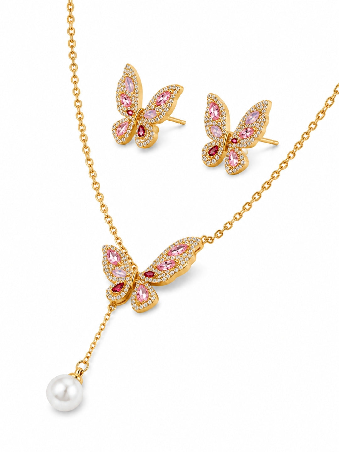 Pink Gold Butterfly & Pearl Drop Necklace-Earring Set