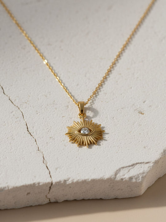 Anti-Tarnish Evil Eye White Stone Pendant Chain | 18K Gold CZ Jewelry