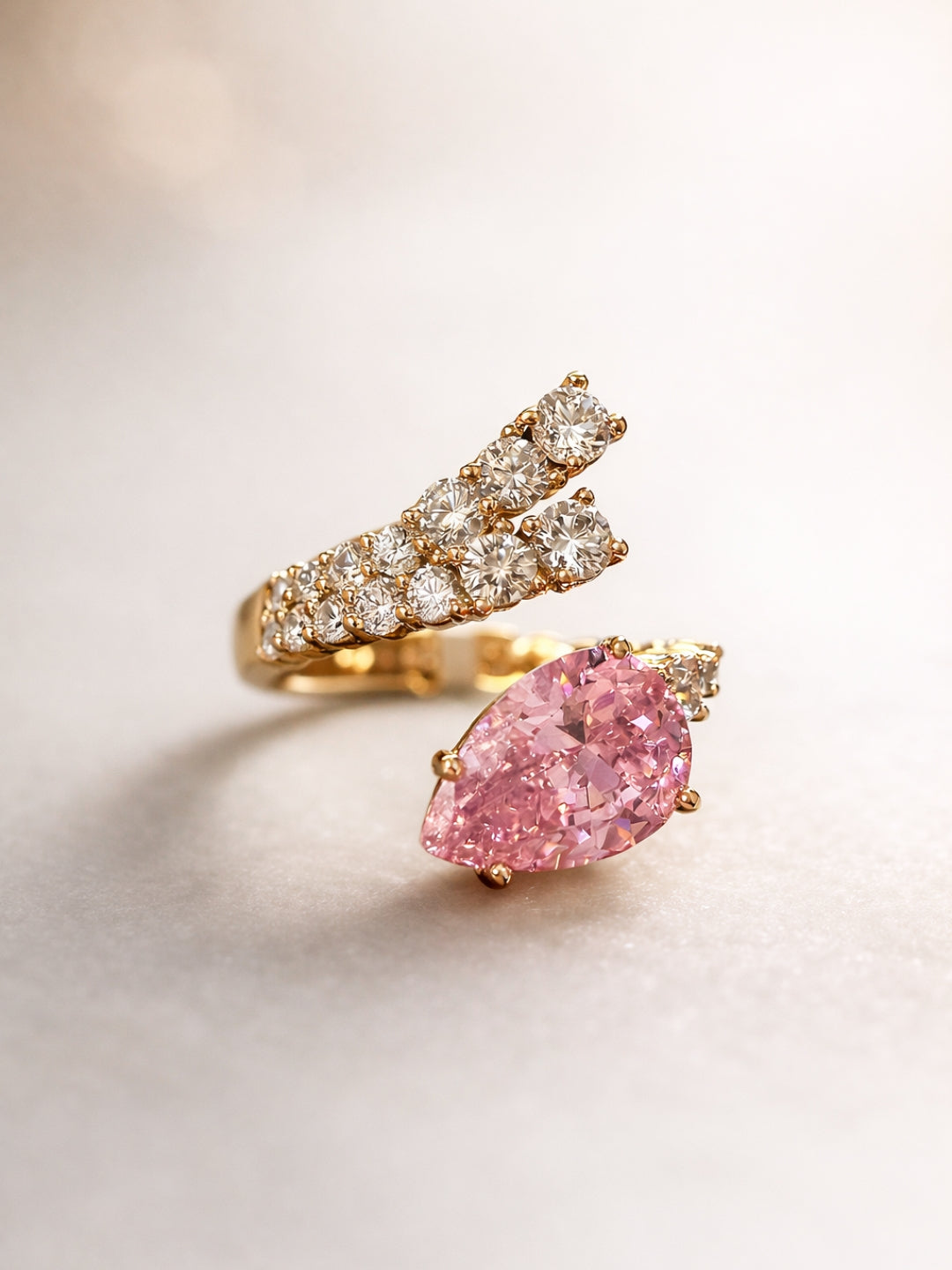 Pink Moissanite & AD Rose Gold Designer Ring | Adjustable
