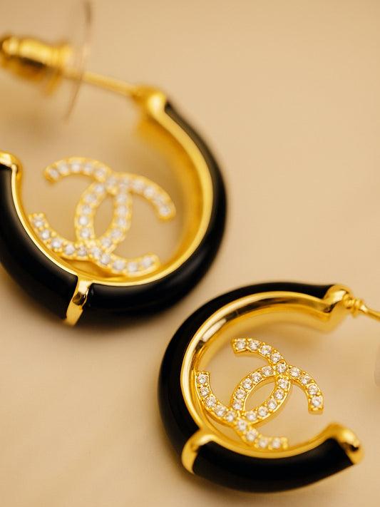 Brand Inspired Black Enamel Half Hoop Earrings – 18K Gold Plated
