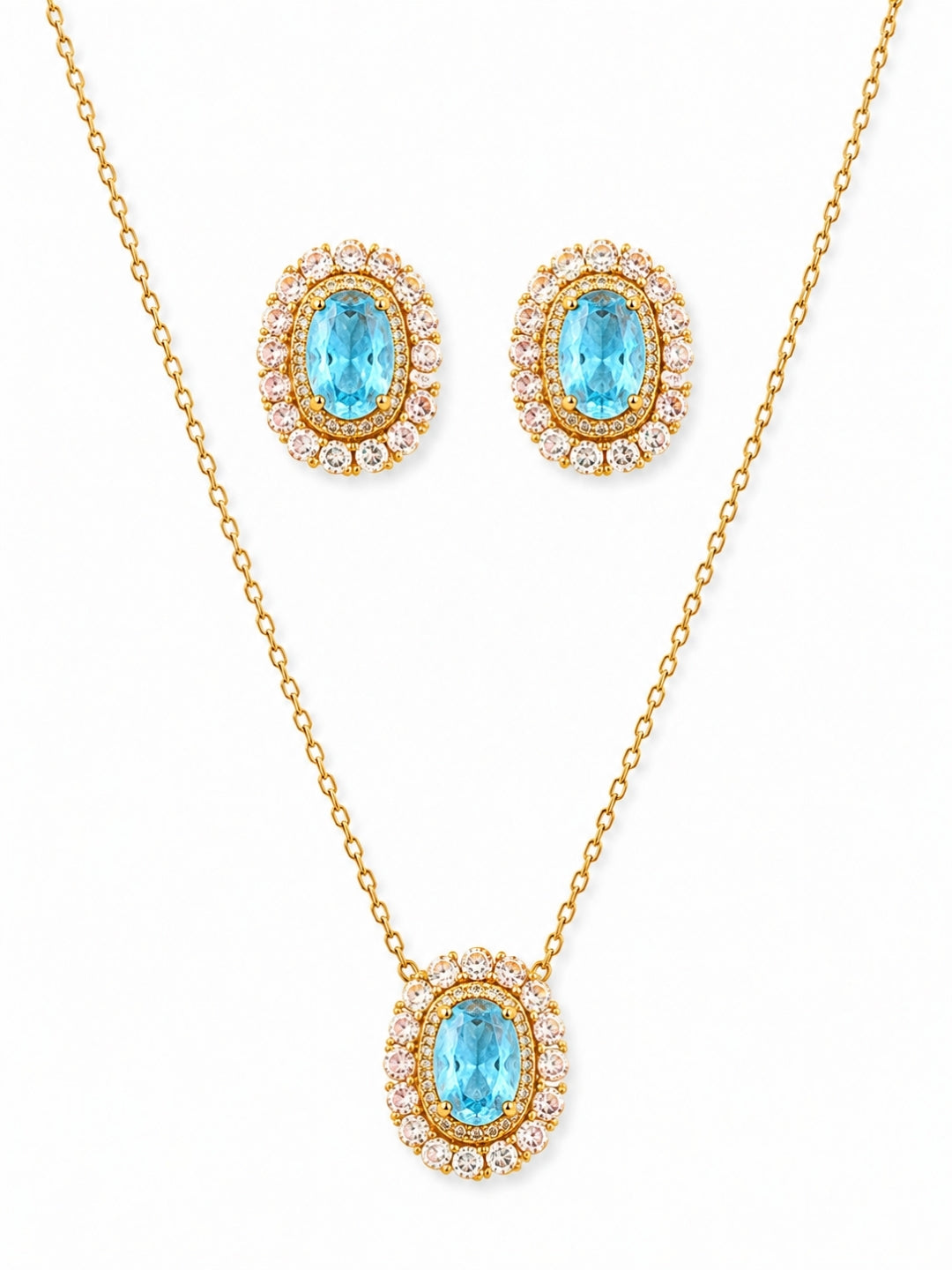 Acquamarina Double Halo Necklace & Earring Set, 18K Gold-Plated