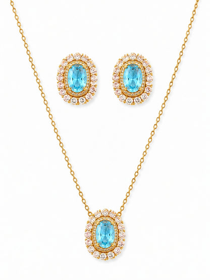 Acquamarina Double Halo Necklace & Earring Set, 18K Gold-Plated