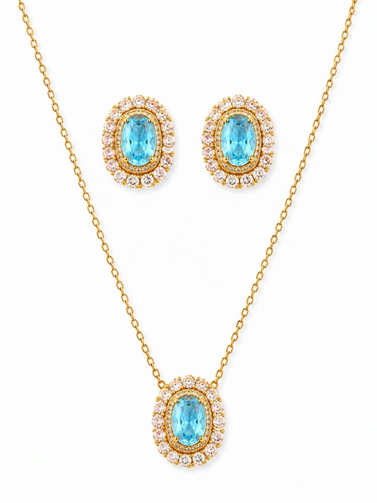Acquamarina Double Halo Necklace & Earring Set, 18K Gold-Plated