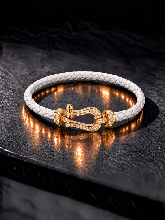 White Studded Braided Leather Gold Magnetic Bracelet -18KT Gold Plated