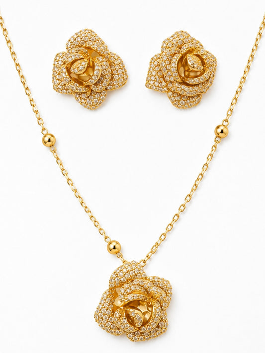 Rosa Pavé Flower Necklace & Earring Set, 18K Gold-Plated