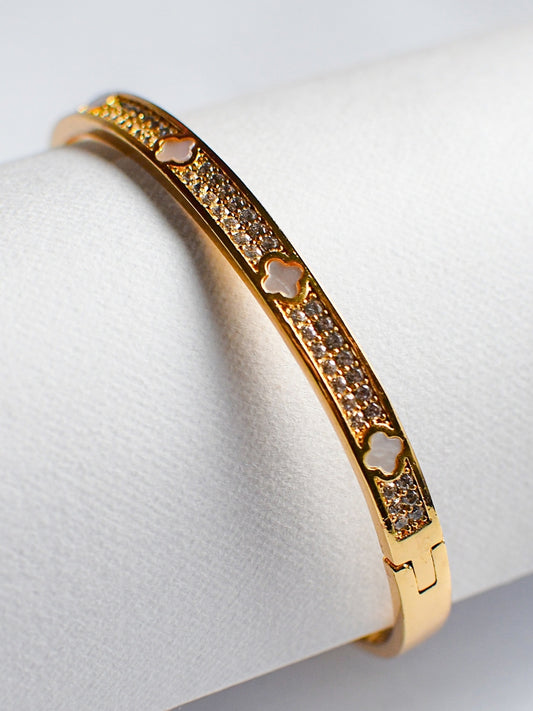 MOP Clover Studded Bracelet – Elegant Gold Bangle with Mother of Pearl & AD Accents