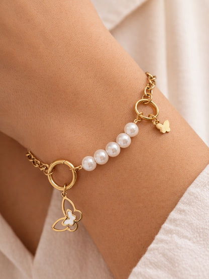 Butterfly Pearl Charm Bracelet – 18K Gold Plated Stainless Steel